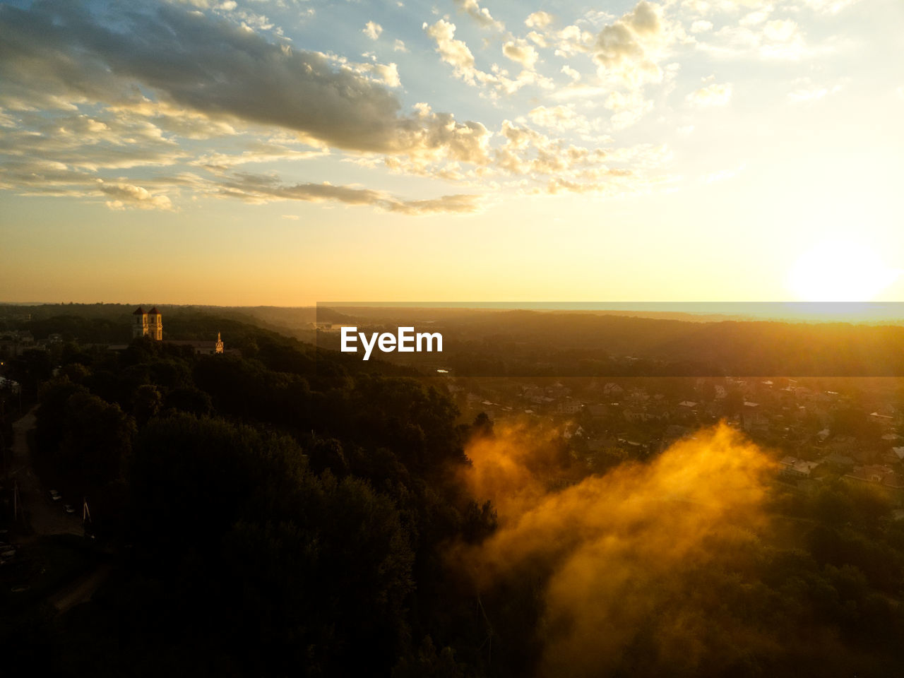 AERIAL VIEW OF LANDSCAPE AGAINST SUNSET SKY