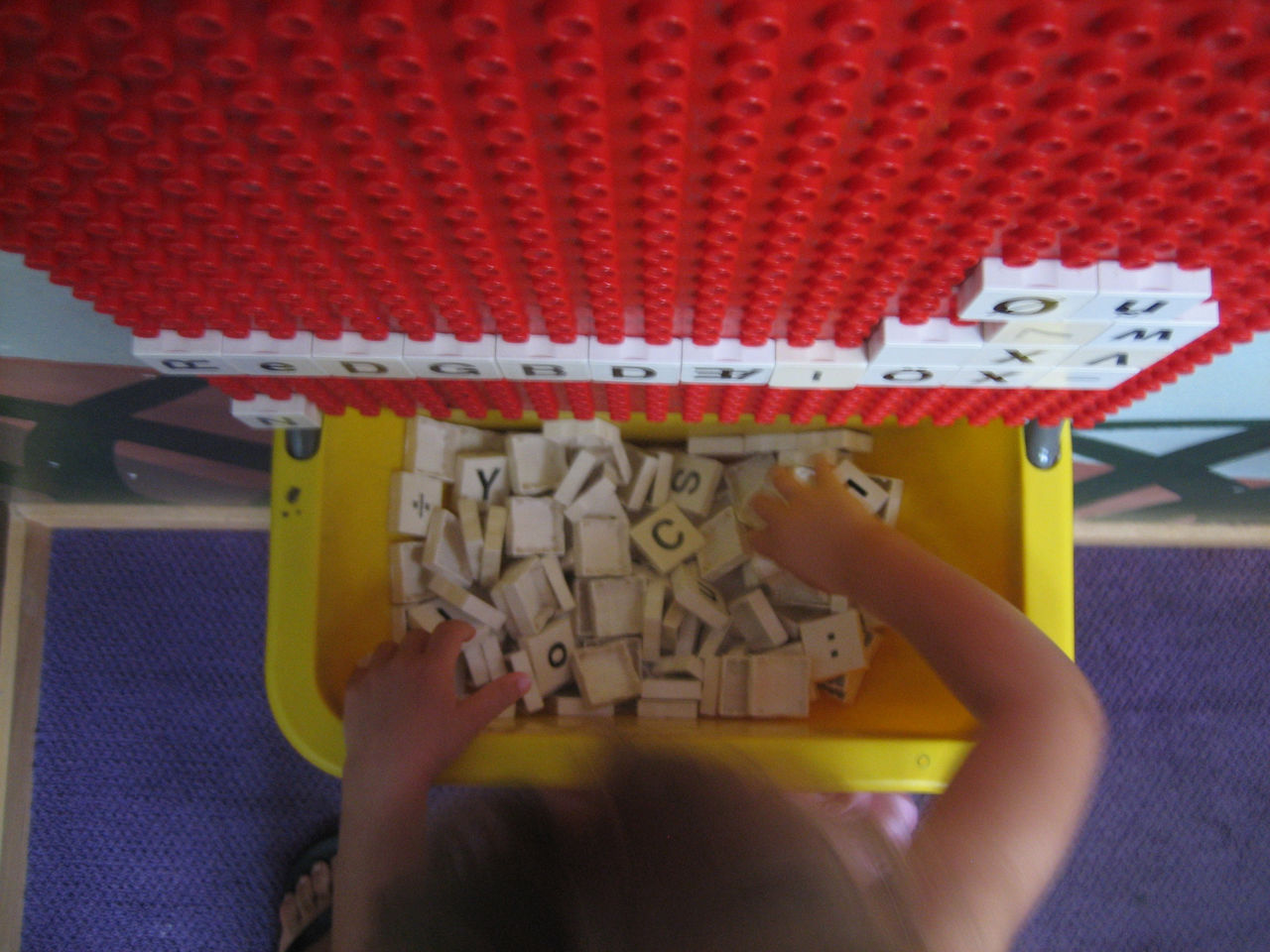 High angle view of boy holding toy blocks in container