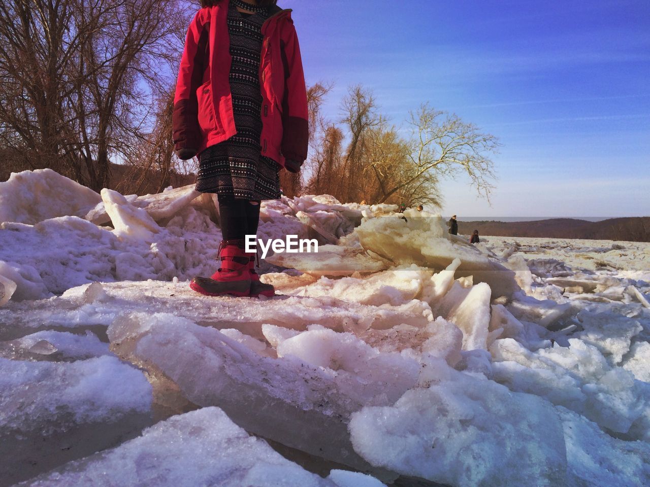 REAR VIEW OF PERSON STANDING ON SNOW COVERED LANDSCAPE