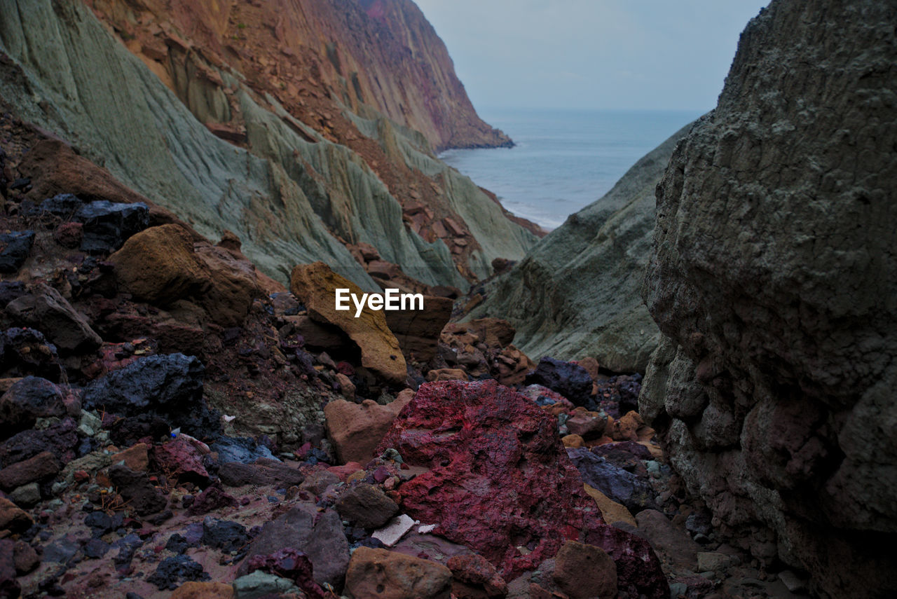 Scenic view of sea and mountains against sky