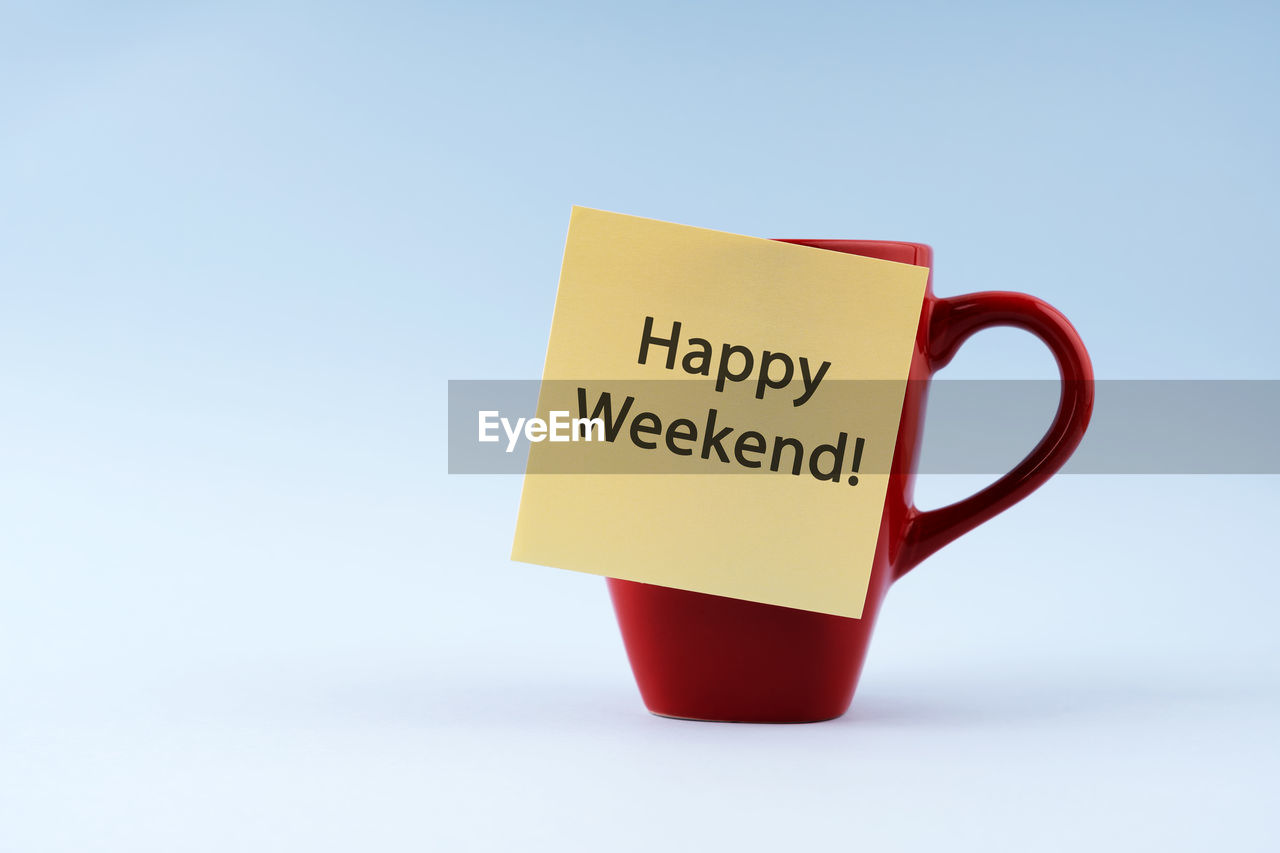 mug, coffee cup, tableware, communication, text, cup, copy space, drinkware, food and drink, font, drink, studio shot, sign, western script, no people, indoors, blue, red
