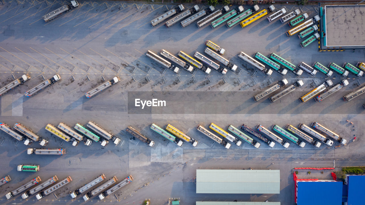 Aerial top view automobile or automotive fuel tankers business and industry fuel, semi truck