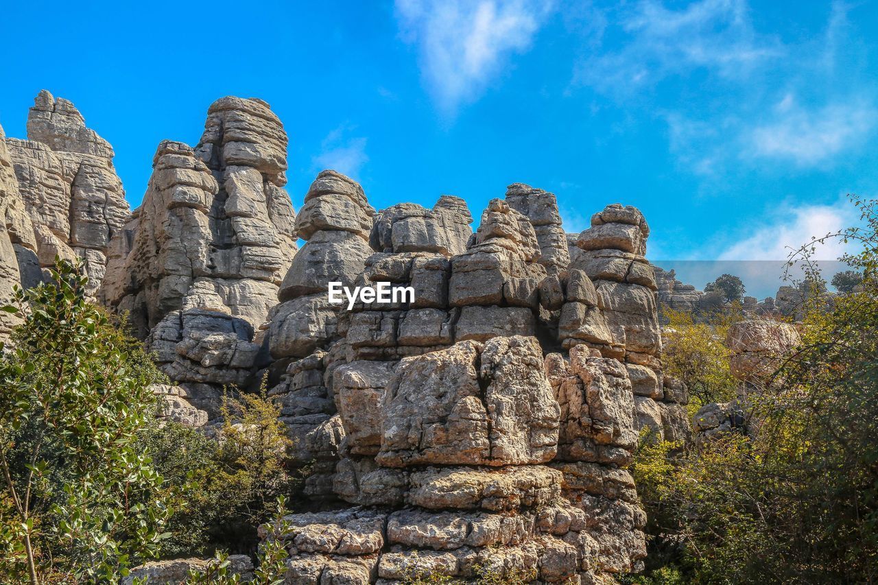 Low angle view of rock formation against sky