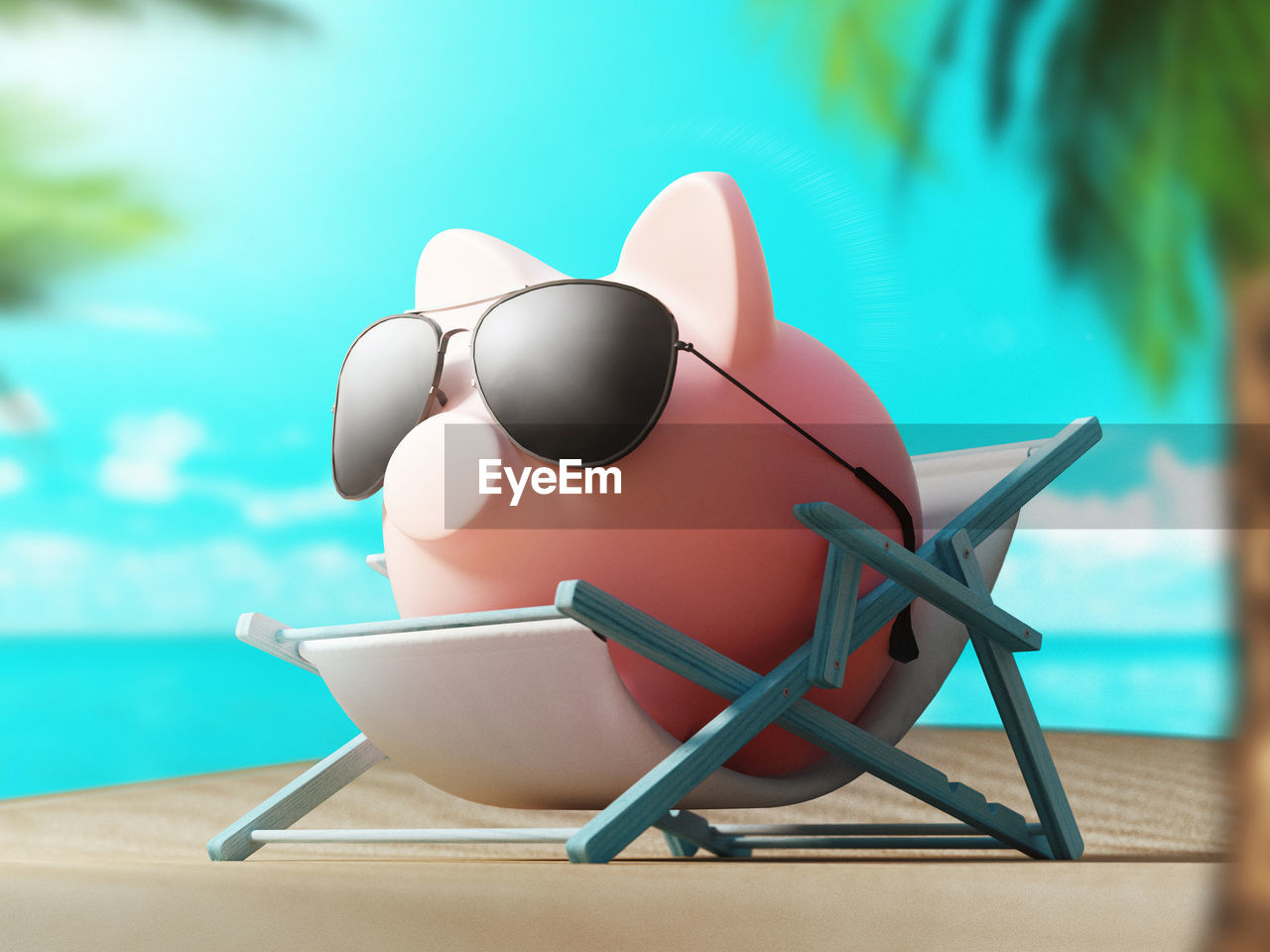 Close-up of piggy bank with sunglasses on toy deck chair