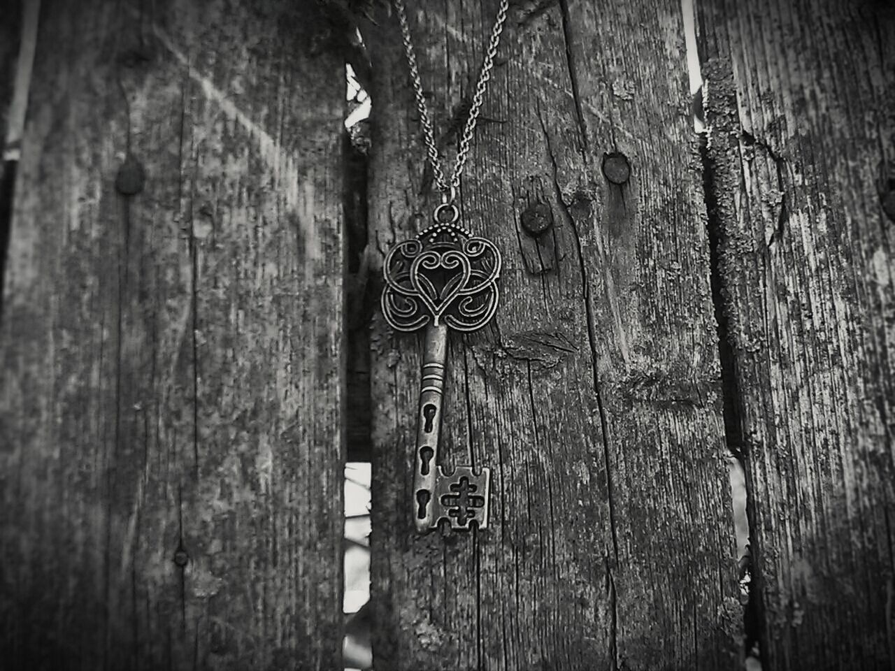 Skeleton key hanging on fence