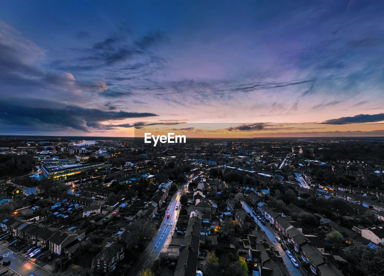An aerial photo of ipswich, suffolk, uk at sunset