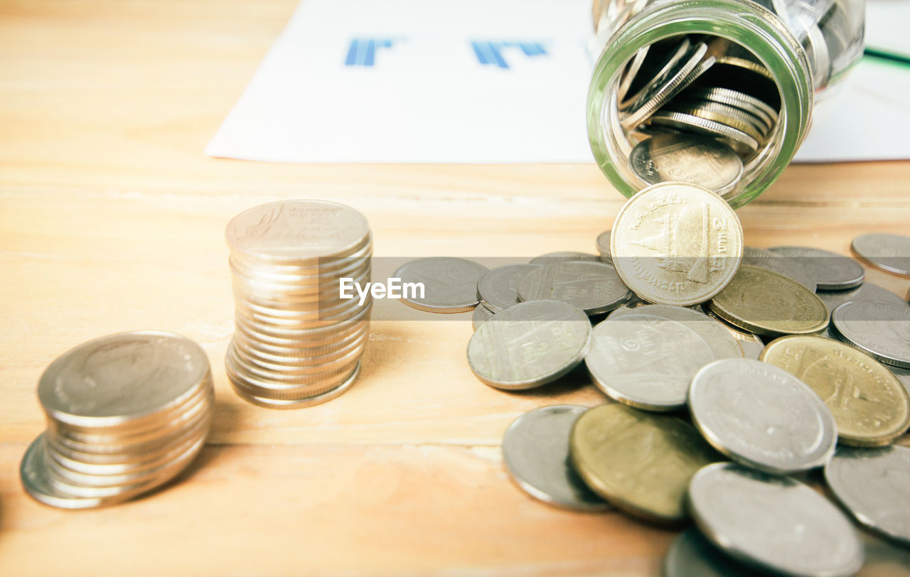 Close-up of coins at desk