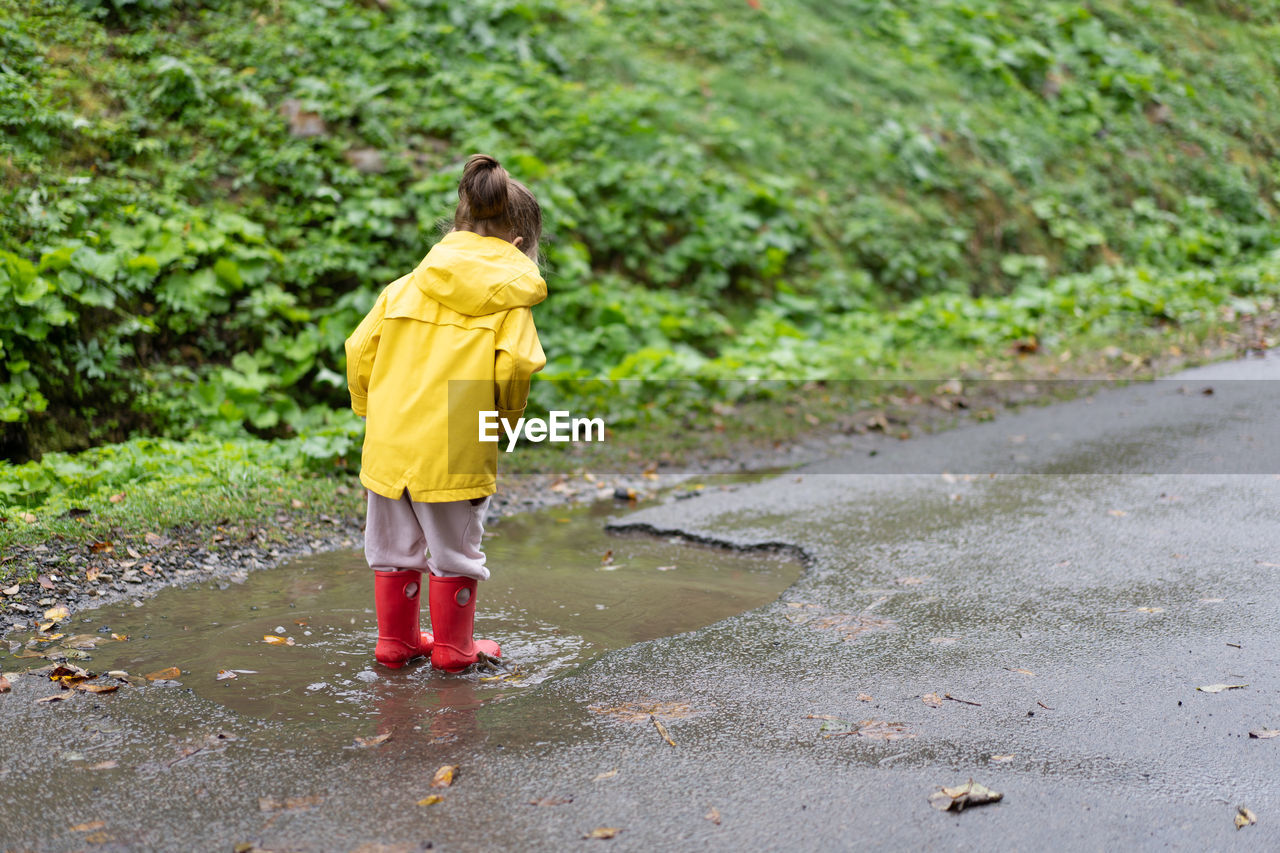 REAR VIEW OF PERSON WITH UMBRELLA WALKING ON FOOTPATH