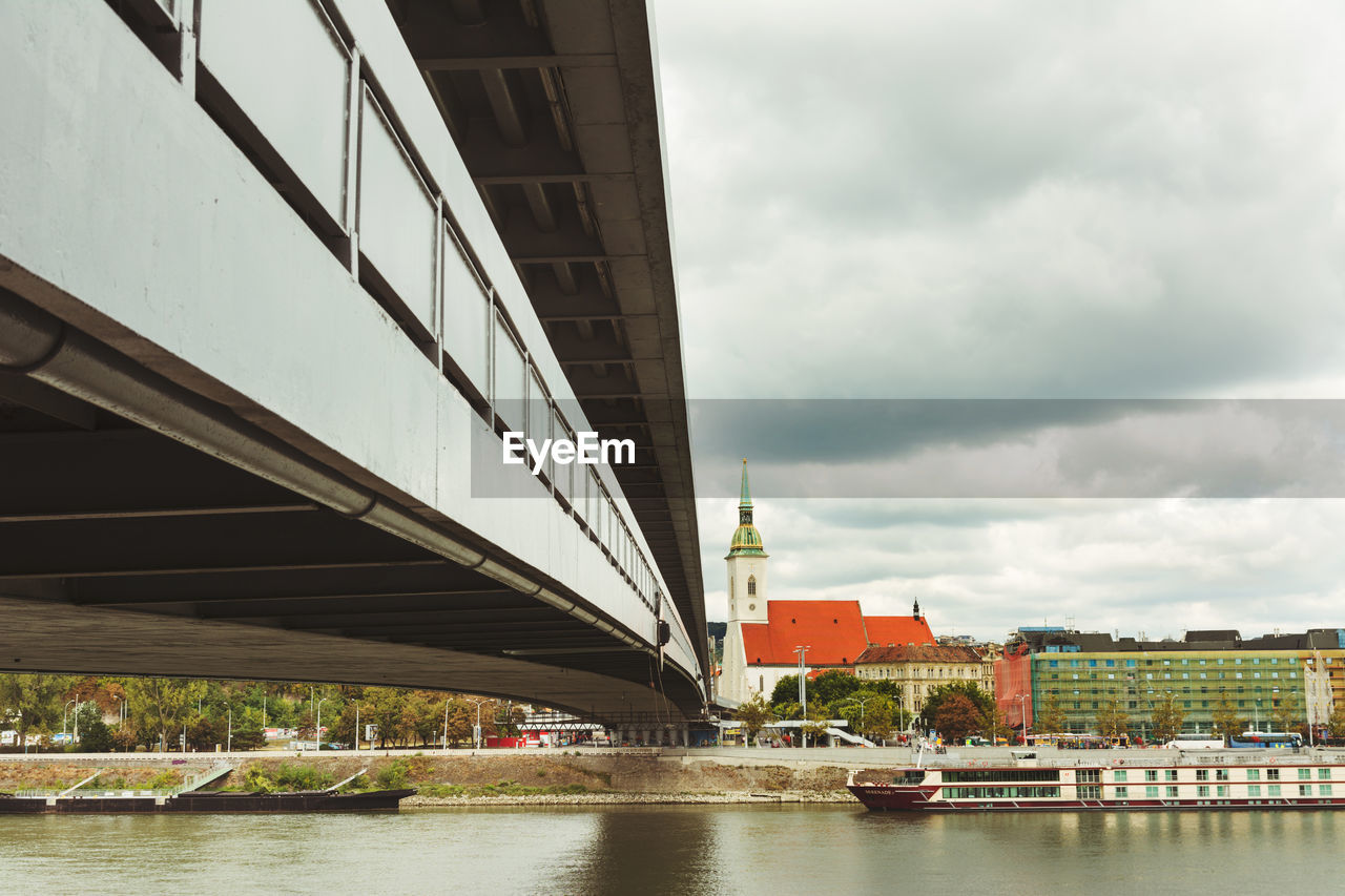 Bridge over river against sky in city