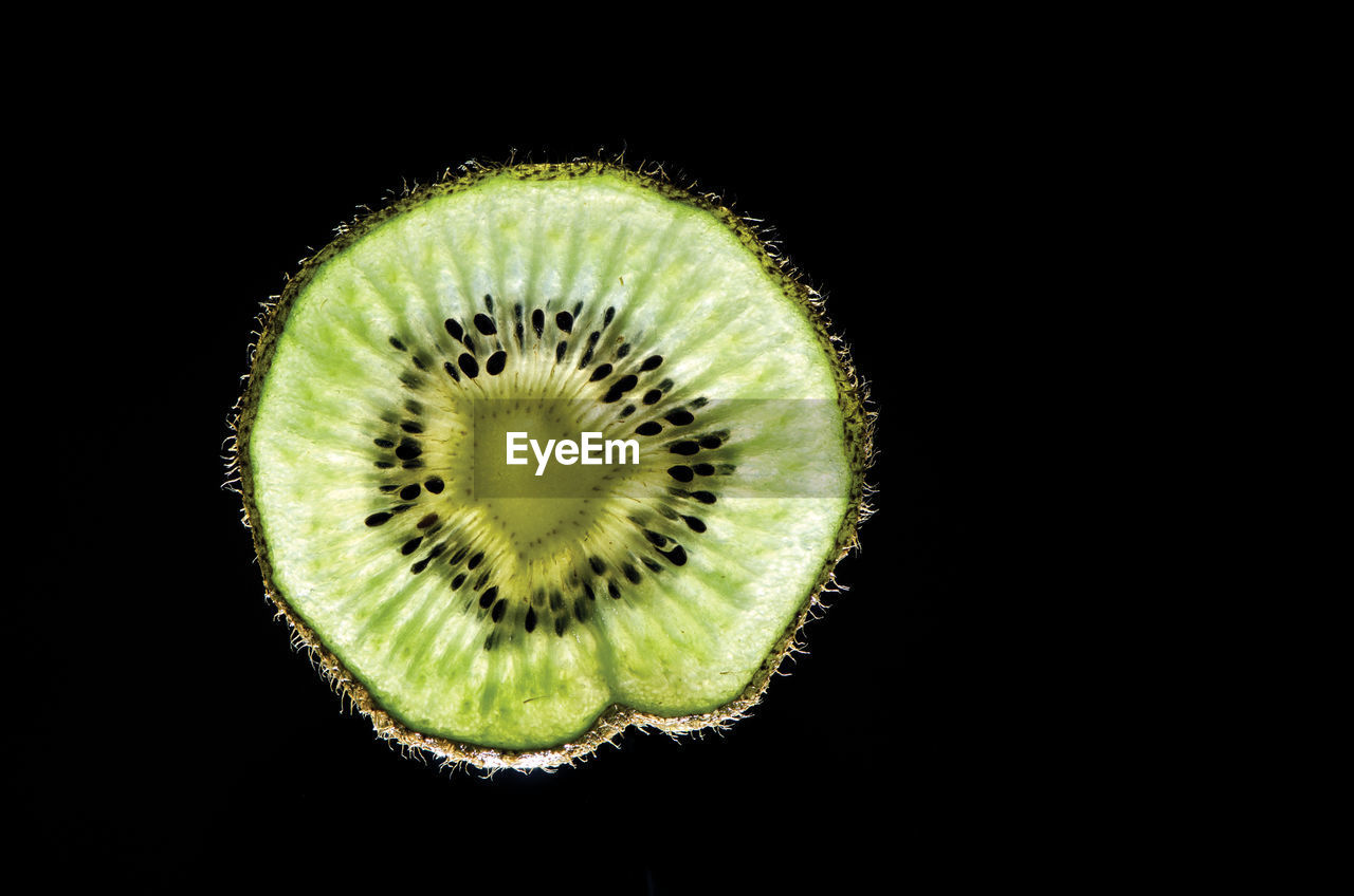 Close-up cross section of kiwi against black background