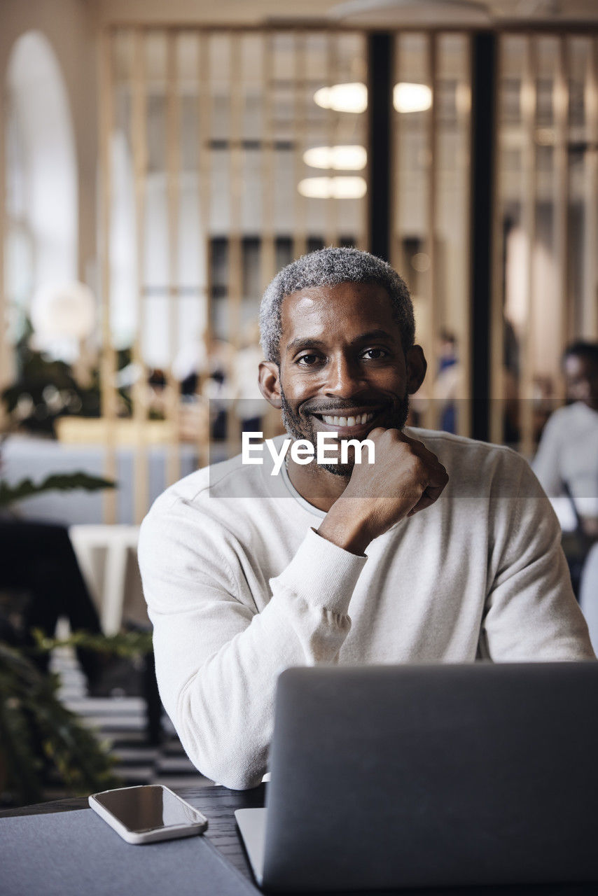 Portrait of smiling male business professional sitting with laptop at office