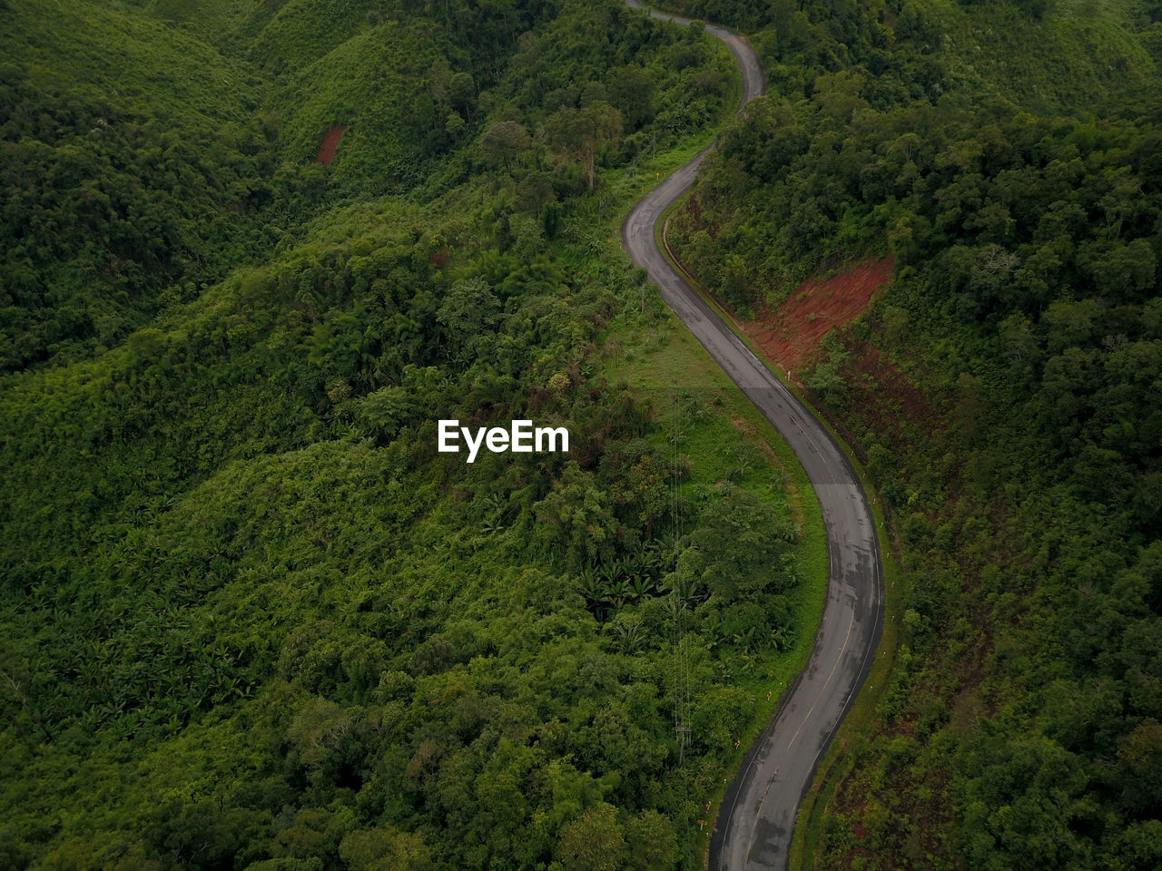 Countryside road passing through the lush green tropical rain forest mountain landscape