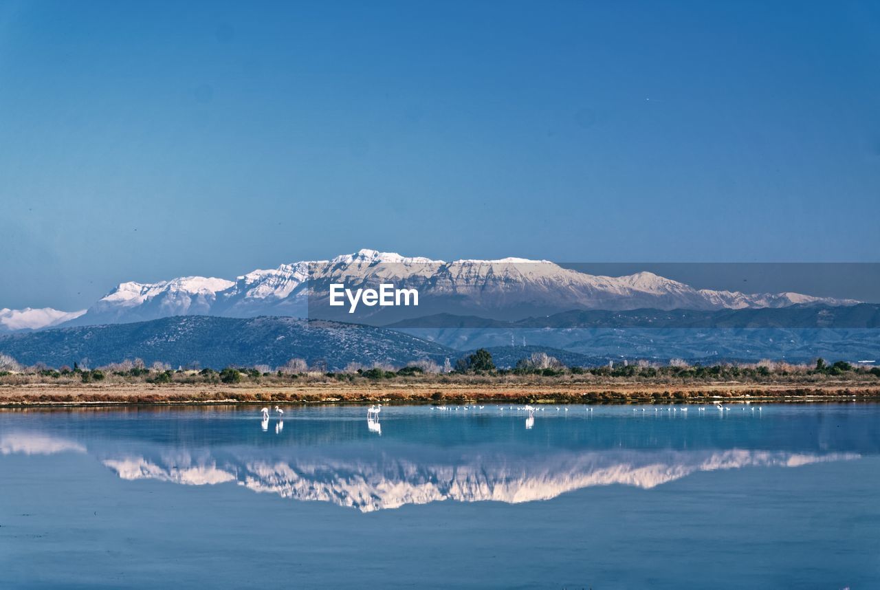 Scenic view of lake and snowcapped mountains against clear blue sky