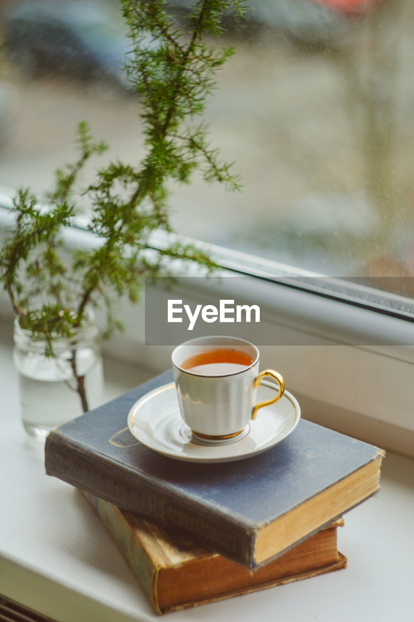 Close-up of tea cup with books on window sill