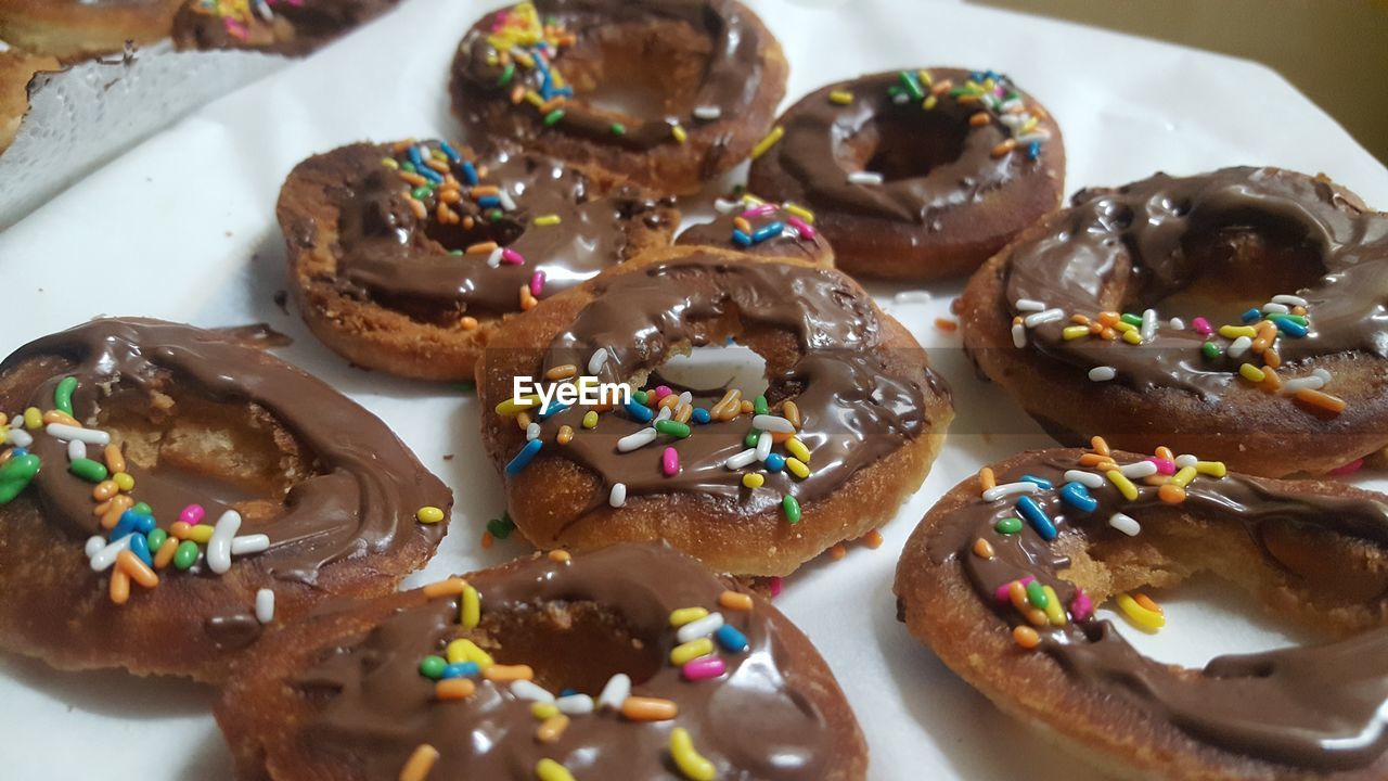 high angle view of donuts on table