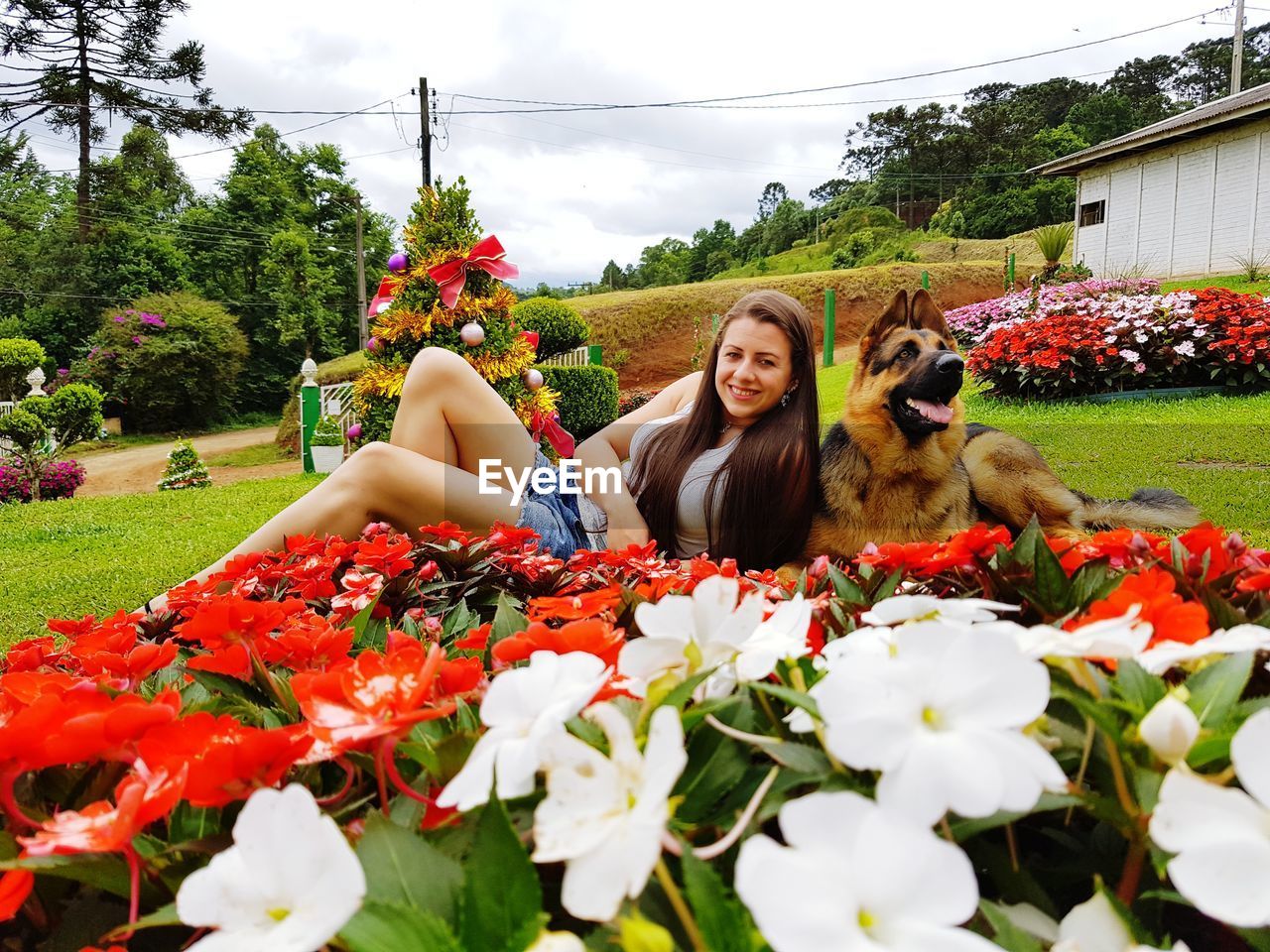 Portrait of woman with dog lying on flowers at park