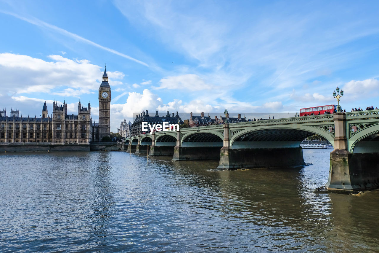 Bridge over river against sky in city