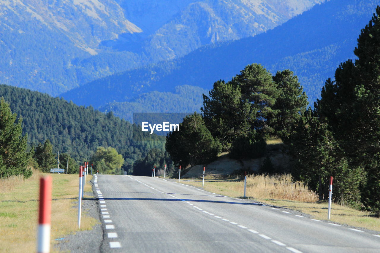 ROAD AMIDST TREES AGAINST MOUNTAINS
