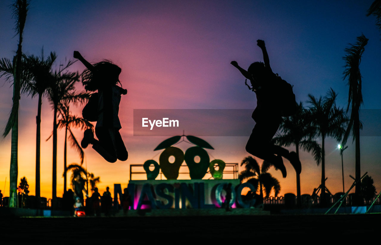 sky, silhouette, sunset, plant, tree, nature, orange color, cloud - sky, palm tree, arts culture and entertainment, beauty in nature, tropical climate, amusement park, incidental people, outdoors, amusement park ride, architecture, park - man made space, park