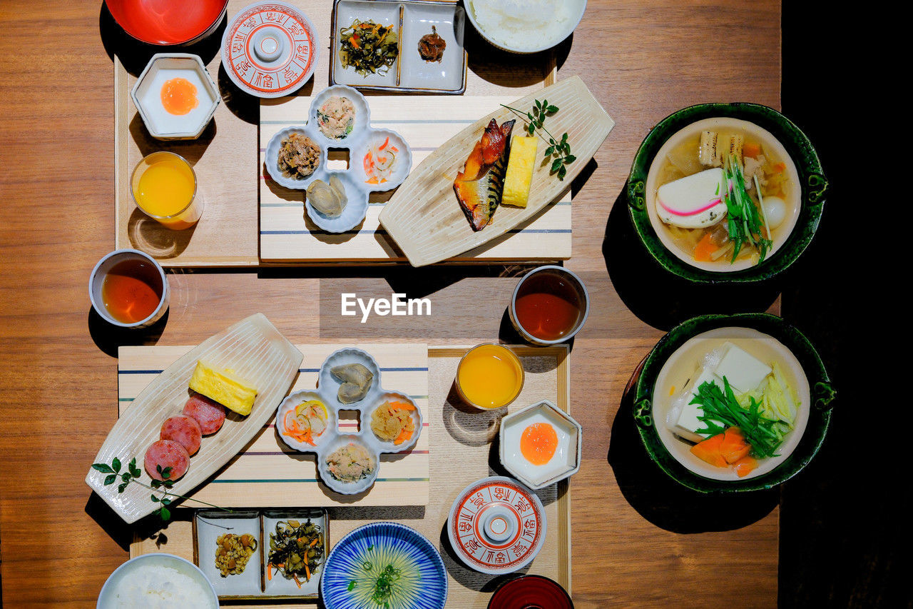 high angle view of various food on table