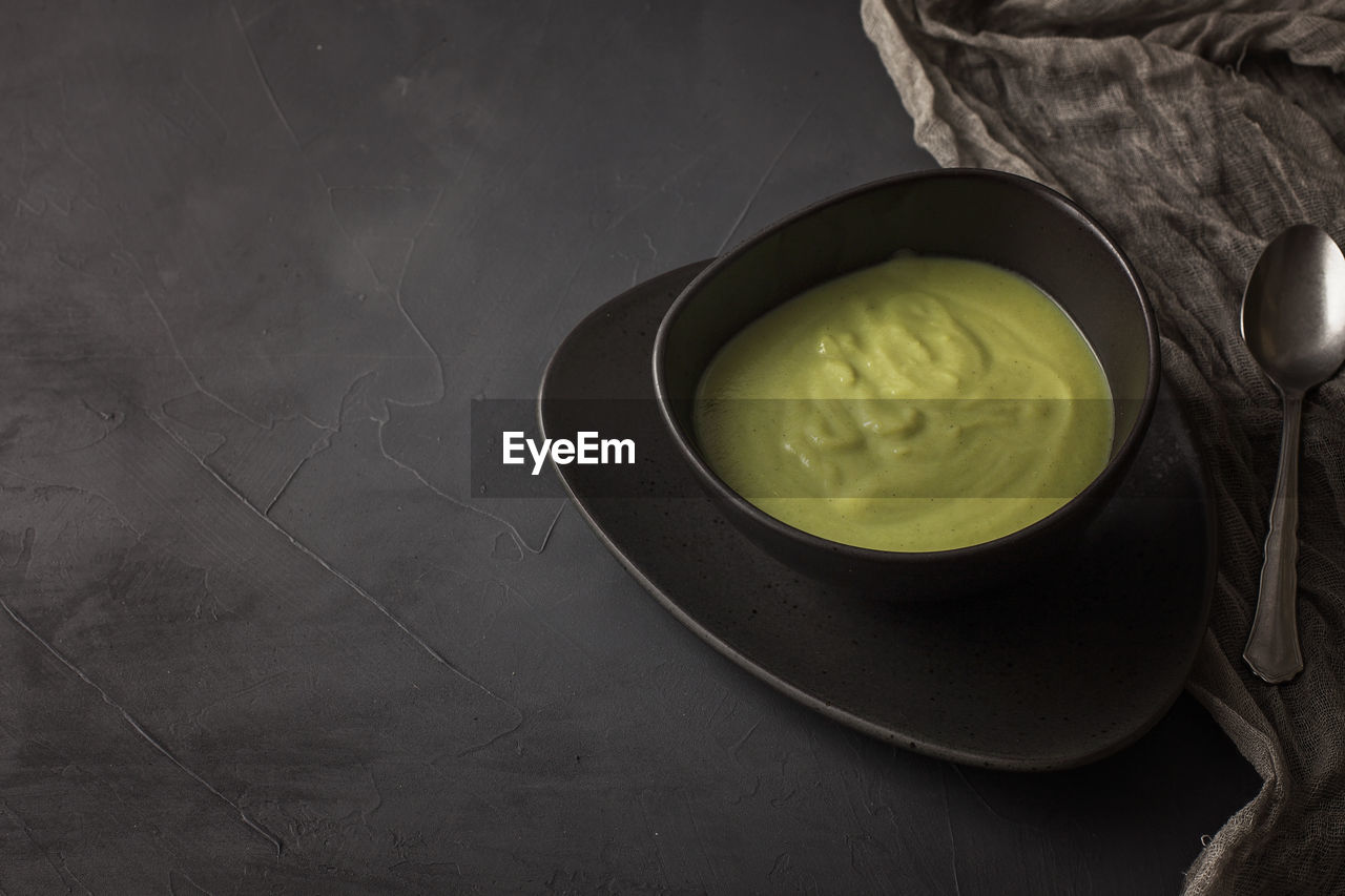 High angle view of soup in bowl on table