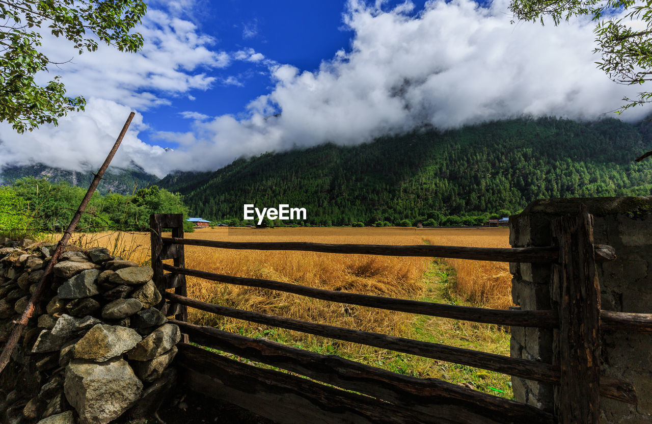 Fence on grassy field against cloudy sky