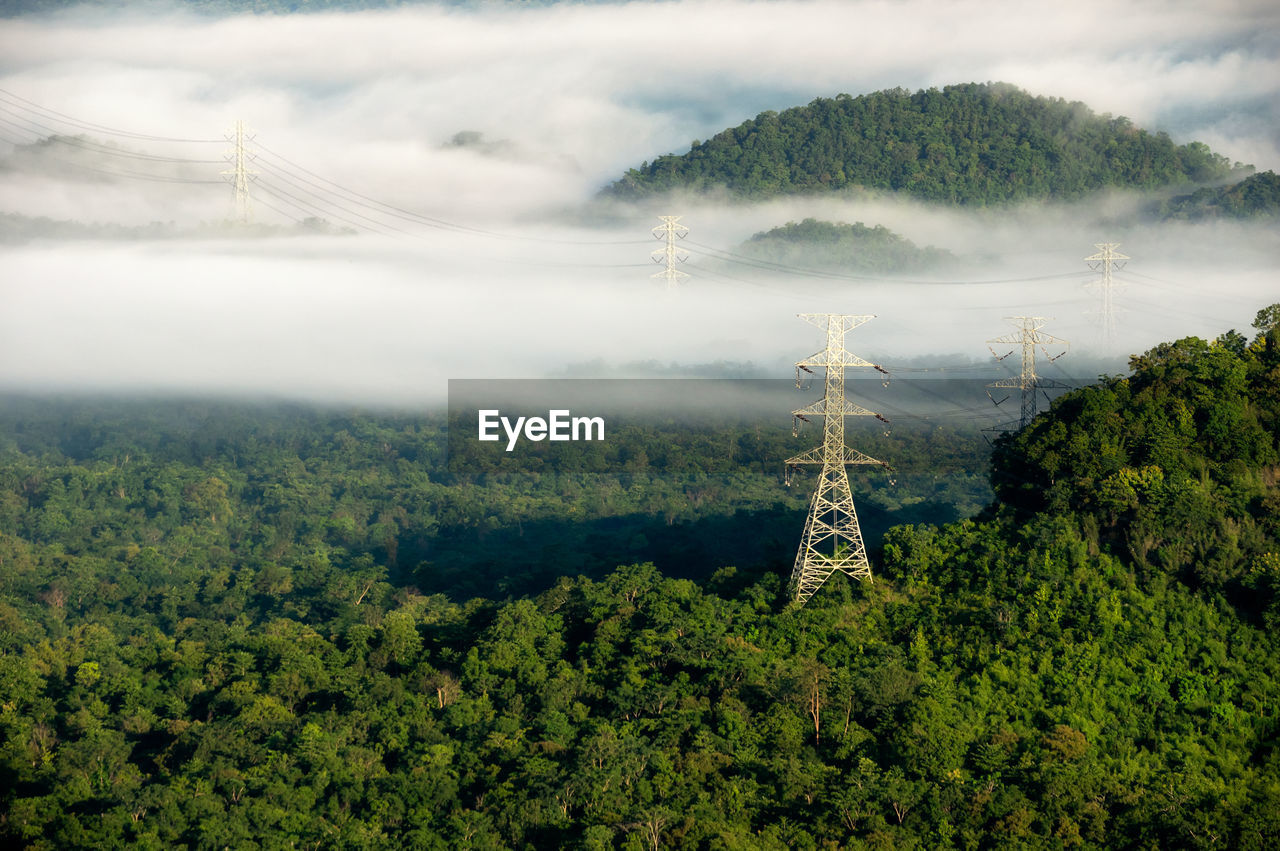 Aerial view transmission tower in green forest morning smooth fog. energy and environment concept. 