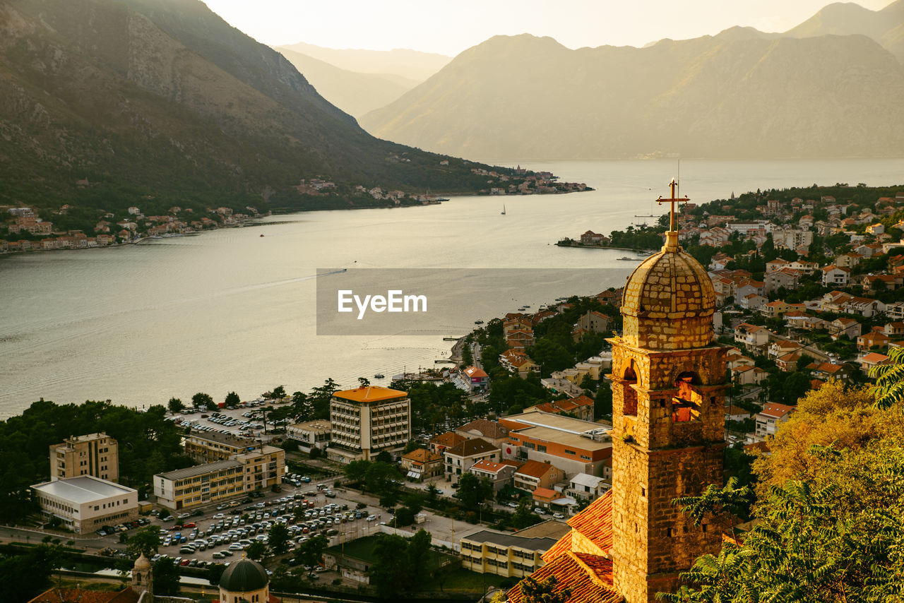 Aerial view of kotor town on sunset. summer time vacation