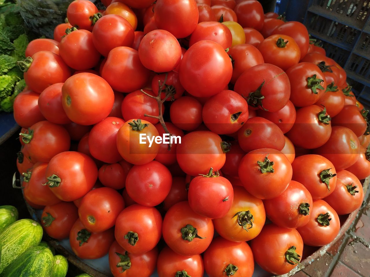 High angle view of tomatoes for sale at market stall