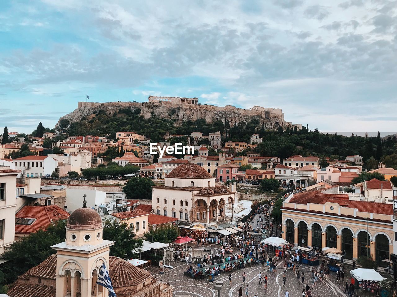 High angle shot of townscape against sky