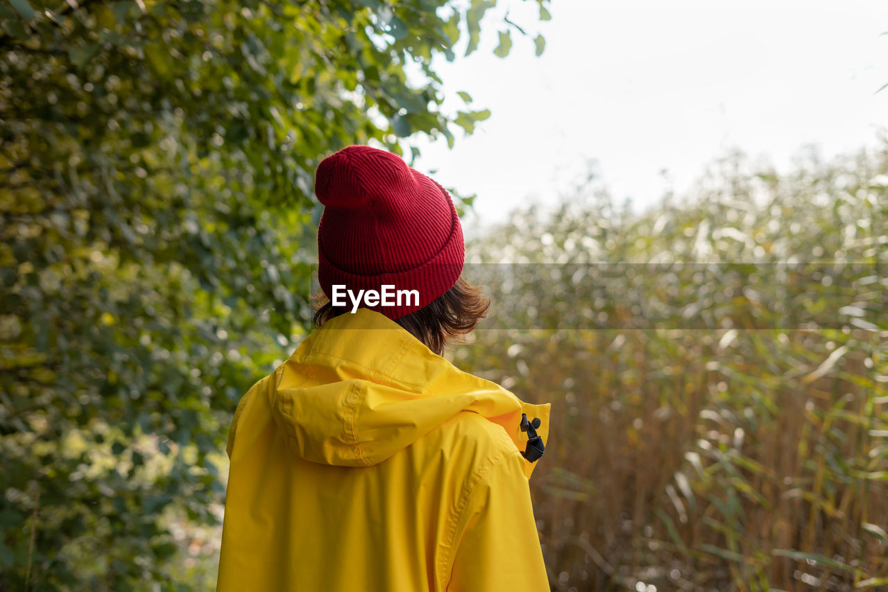 Back view of woman in bright yellow raincoat and red hat looks at reeds