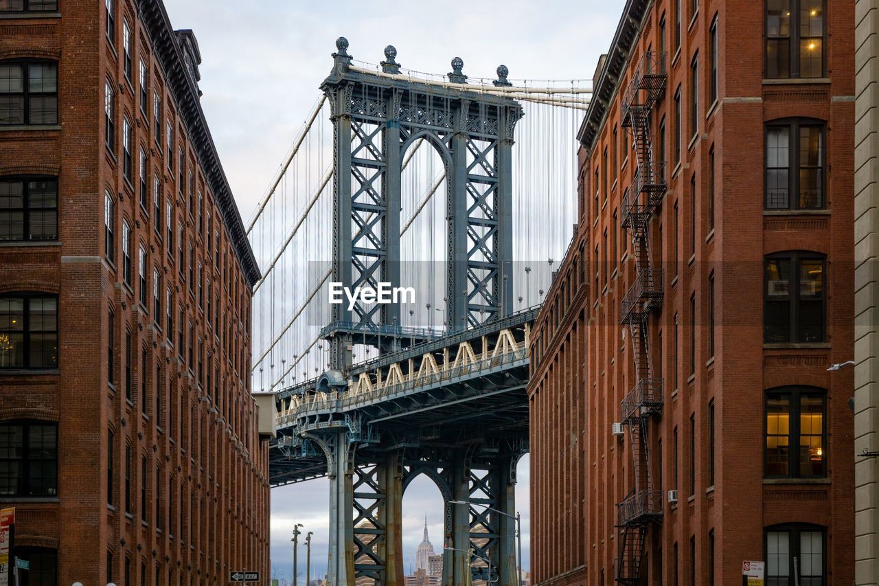 LOW ANGLE VIEW OF BRIDGE IN CITY