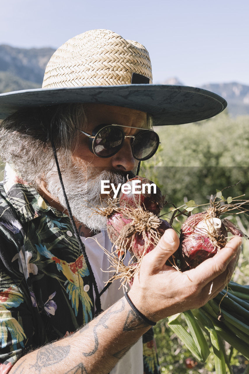 Fresh vegetables straight from the garden. the gardener admires his own crops.