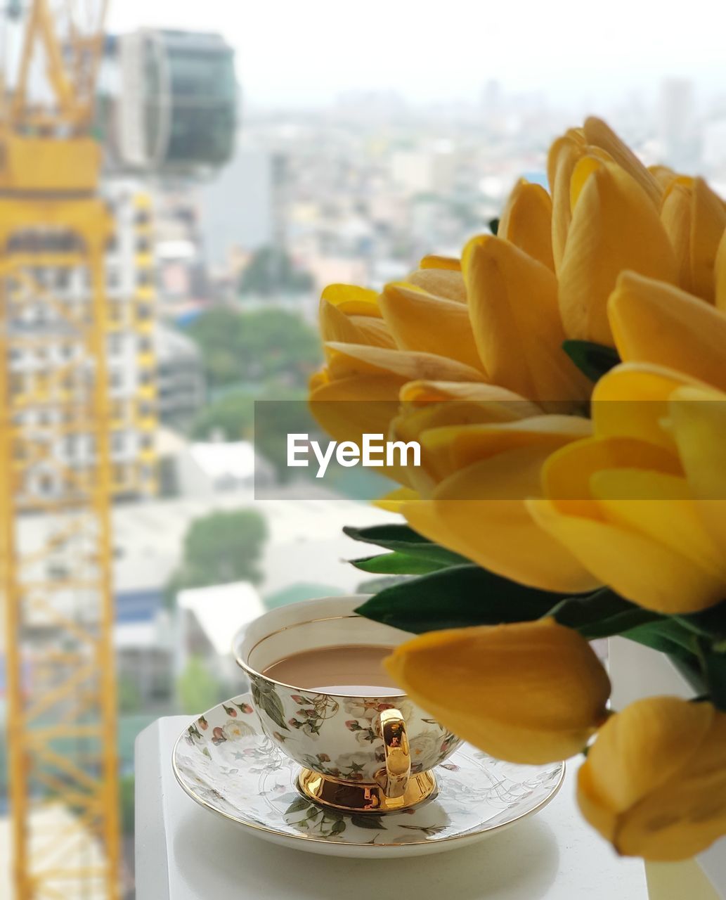 CLOSE-UP OF YELLOW ROSE ON TABLE AT CAFE