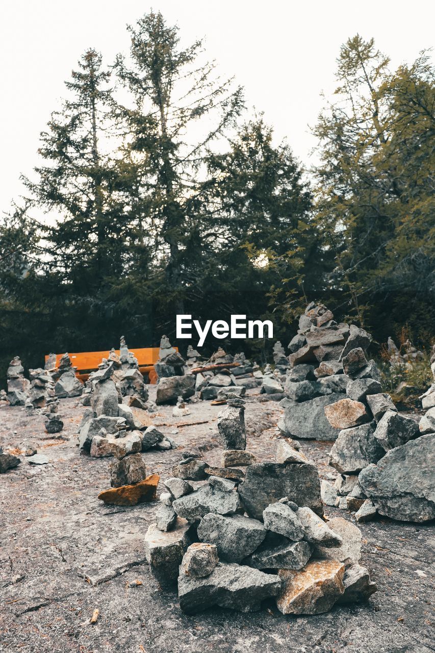 Stack of rocks by trees in forest against sky