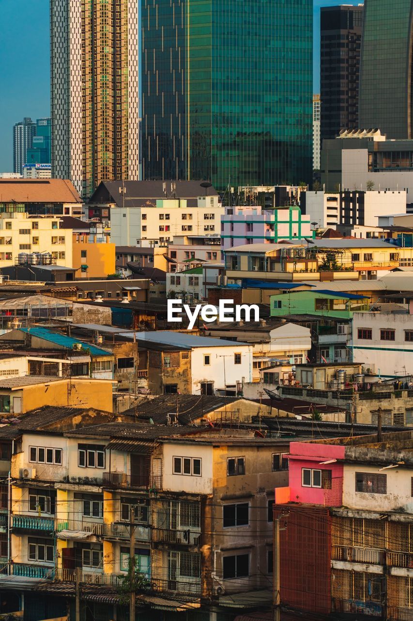 High angle view of buildings in city