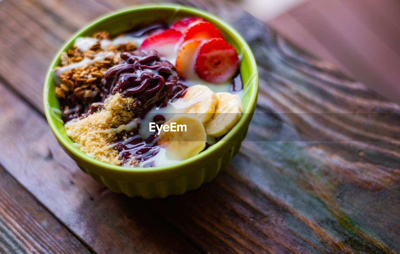 High angle view of breakfast served on table