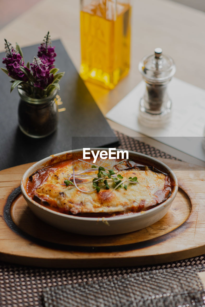 high angle view of food in plate on table