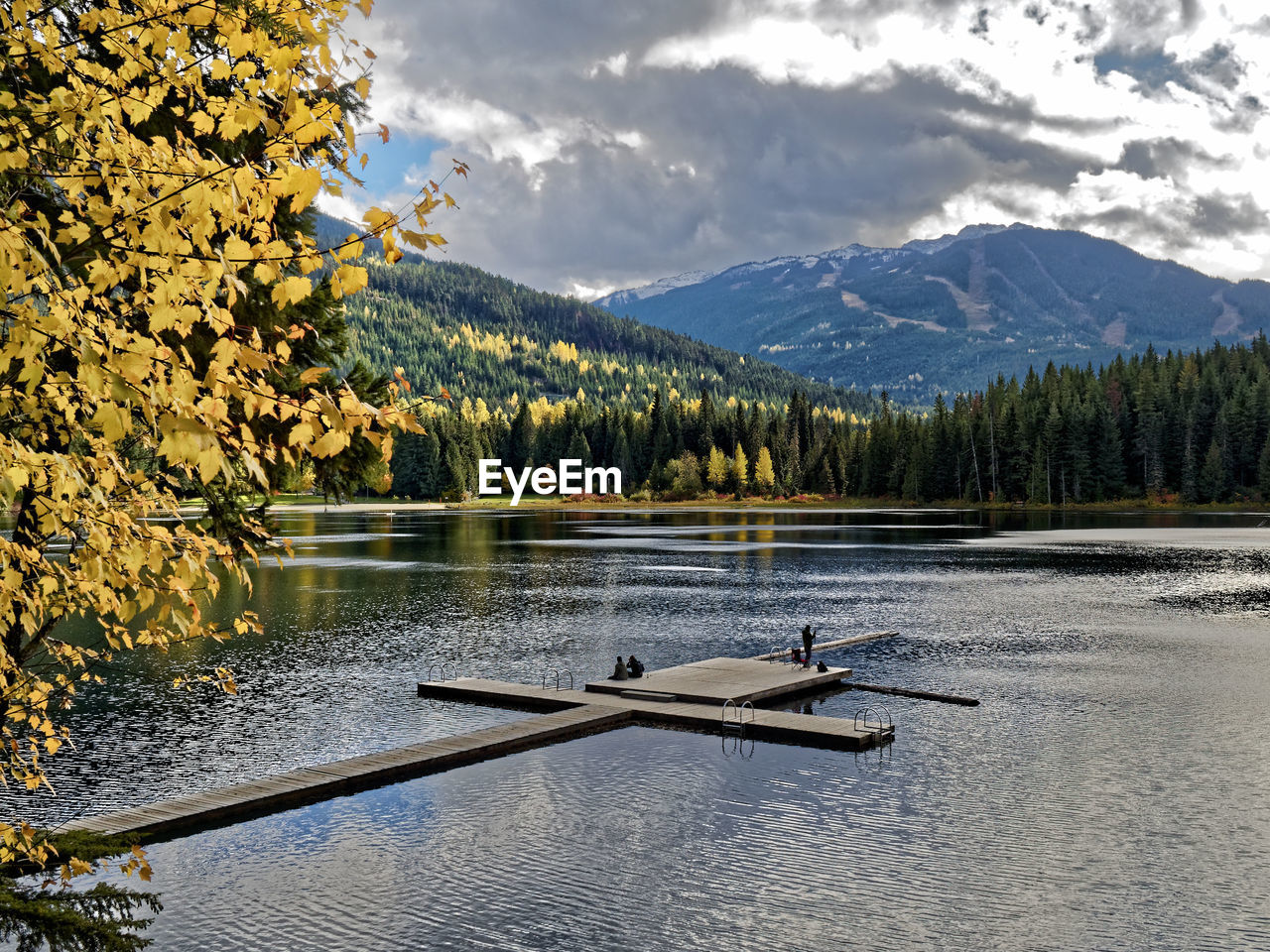 High angle view of boardwalk on lake against mountains