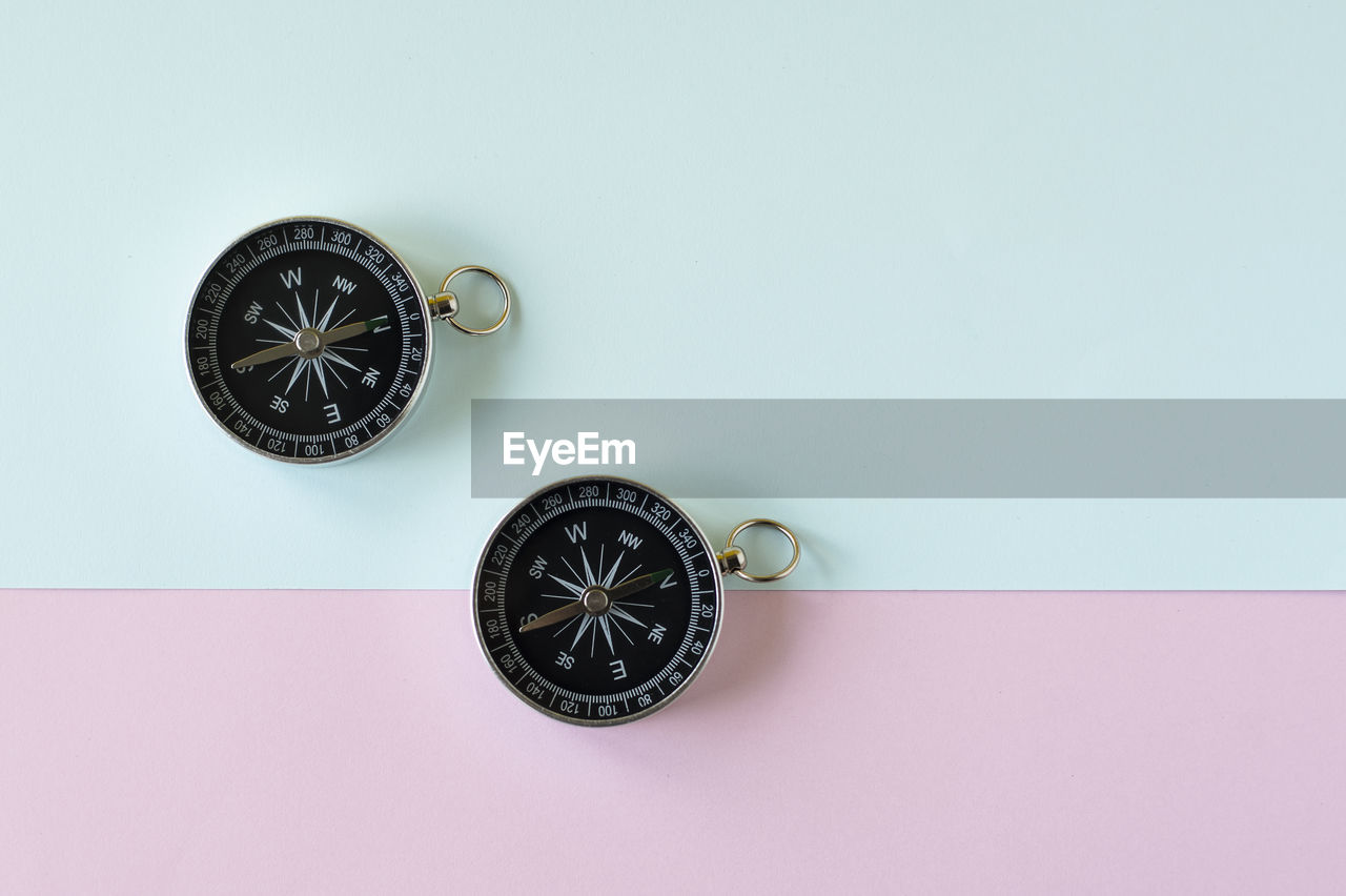 indoors, studio shot, no people, copy space, fashion accessory, still life, time, colored background, clock