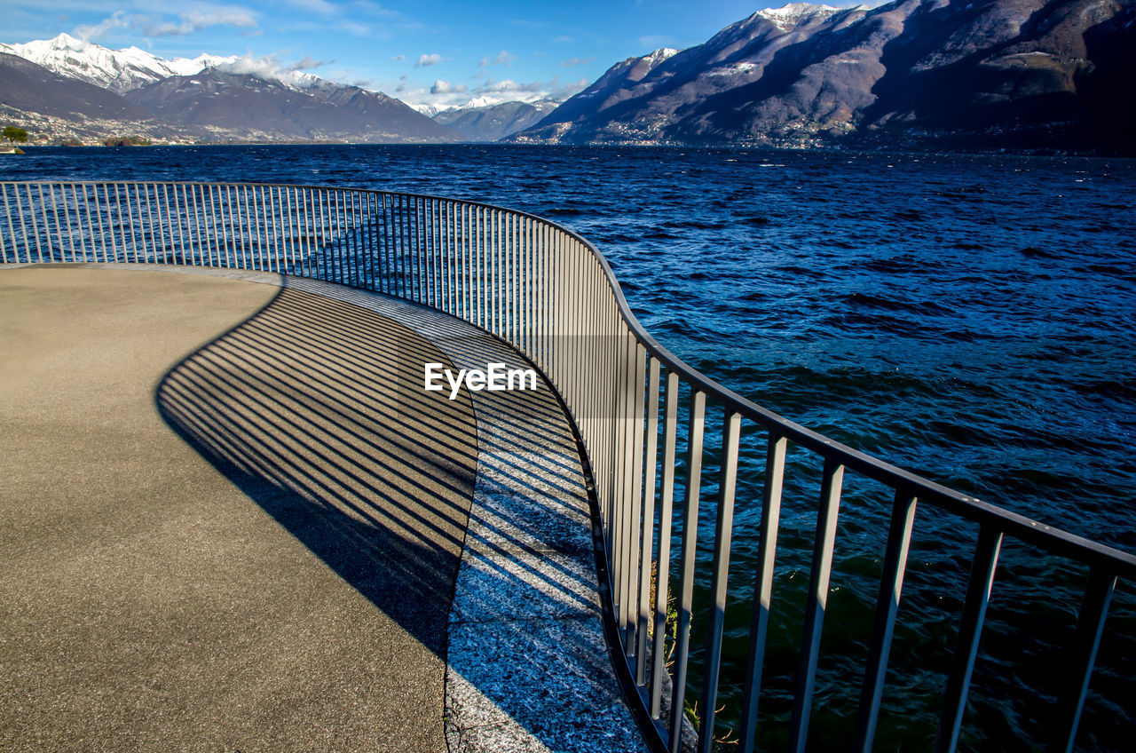 Scenic view of sea and mountains against sky