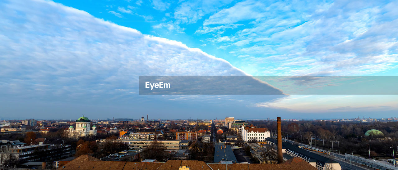 High angle shot of townscape against sky