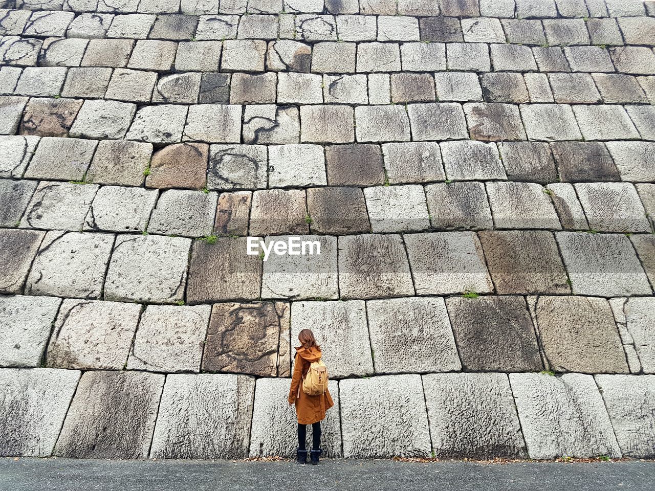 Rear view of a woman standing on wall