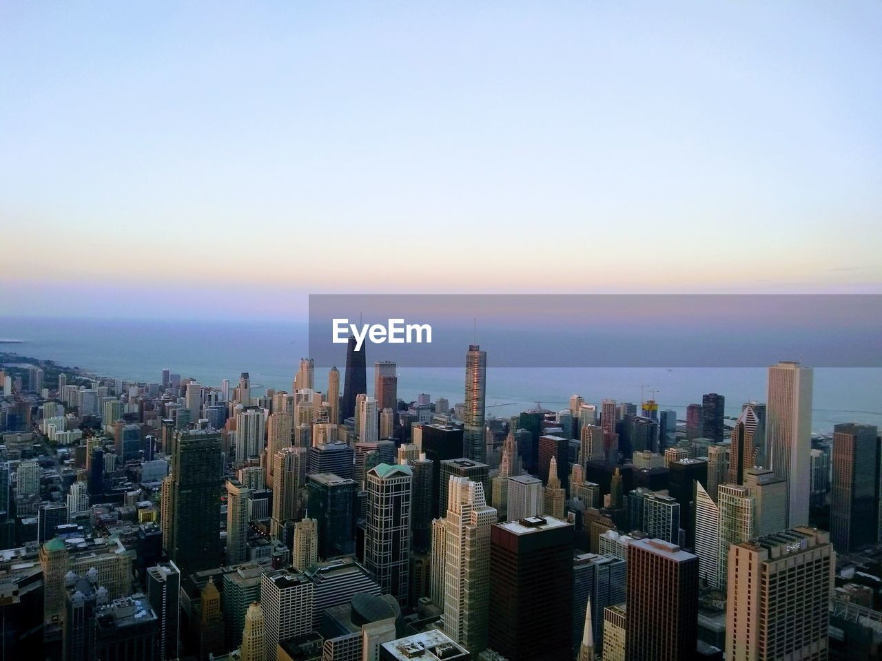 Panoramic view of chicago skyline on a cold winter evening, a view from sears tower.