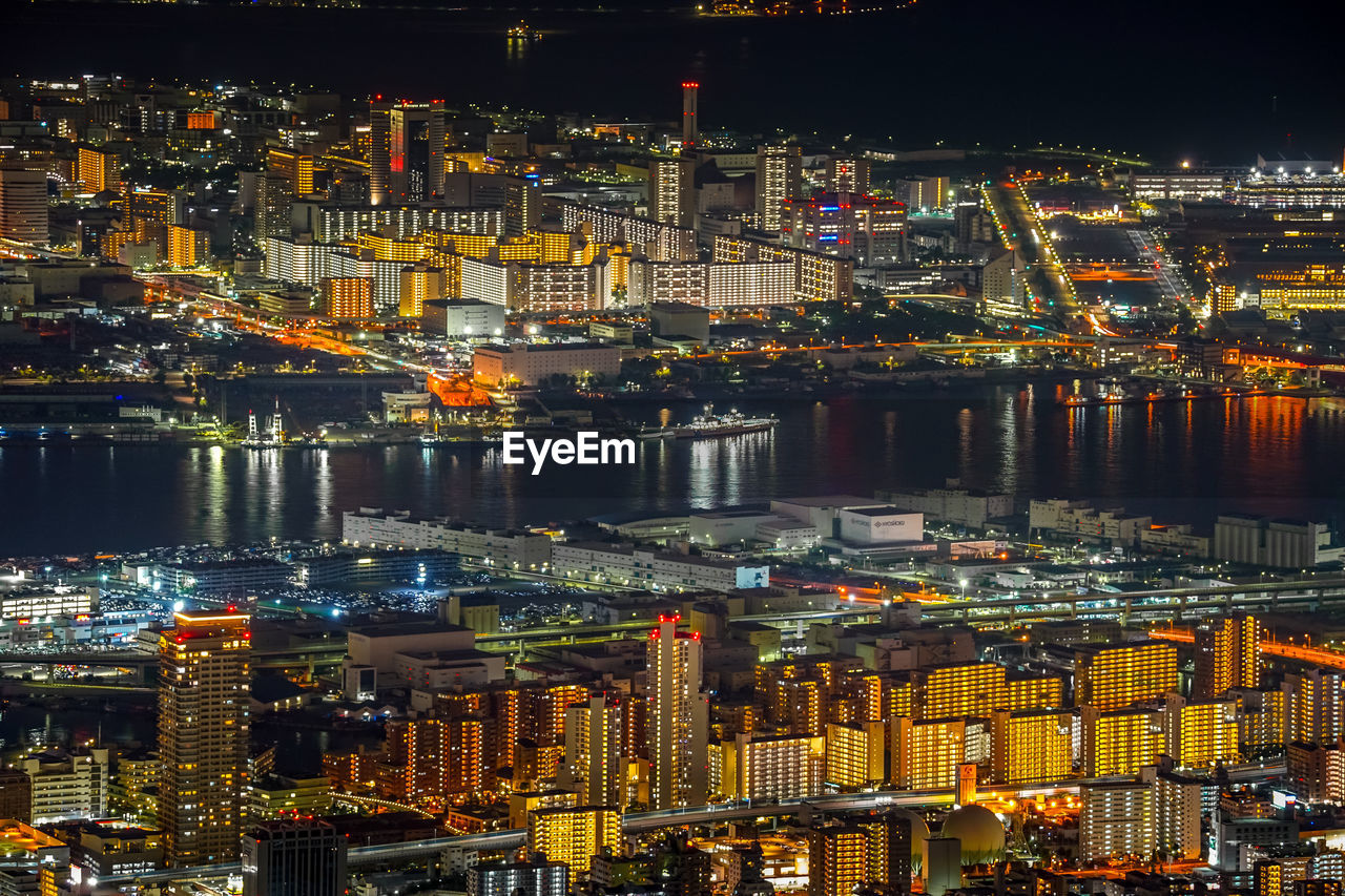 illuminated cityscape at night at dusk