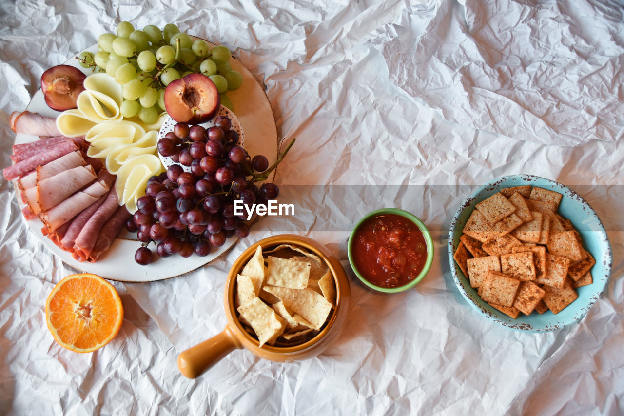 High angle view of fresh food on crumpled paper