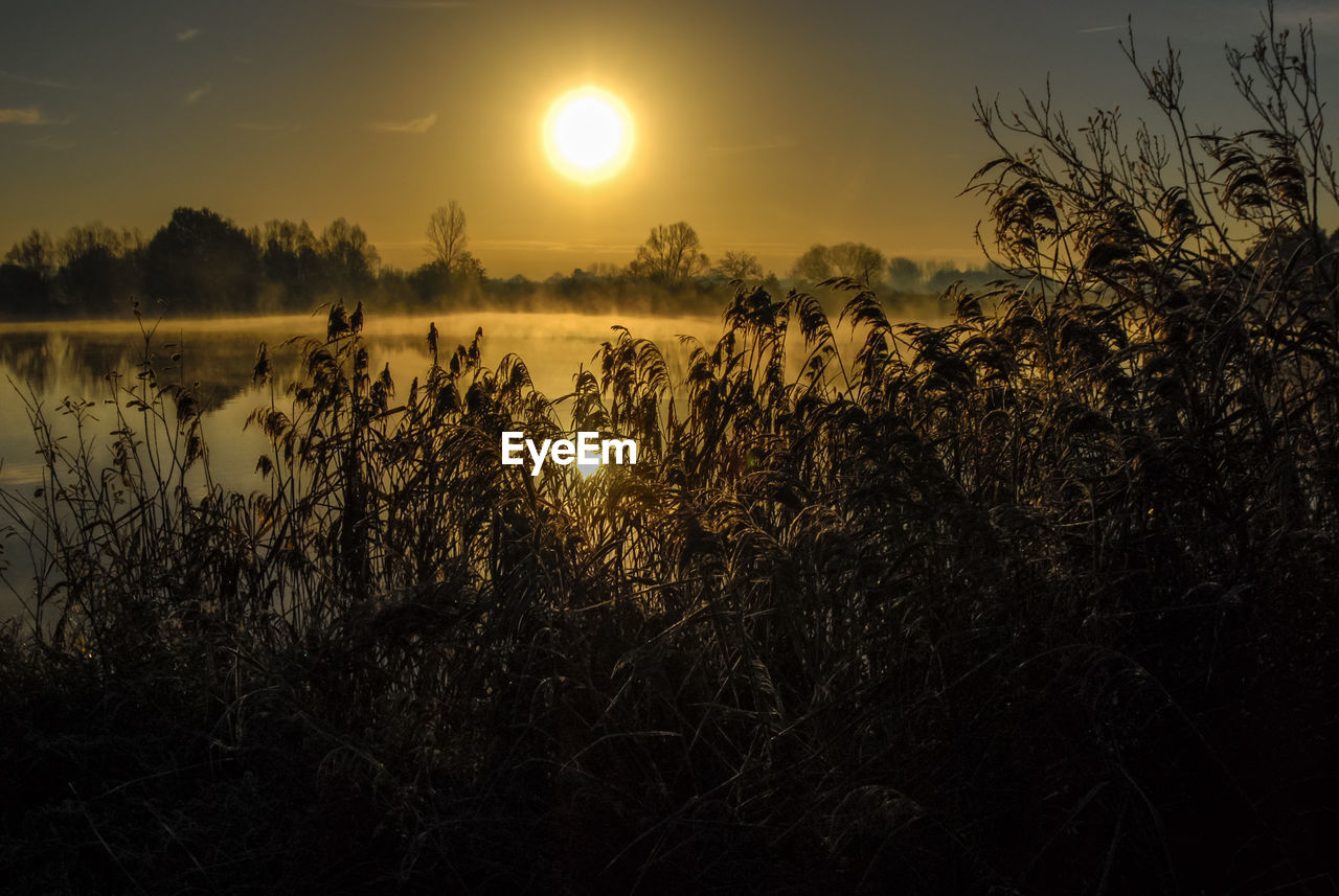 Scenic view of lake against sky during sunset