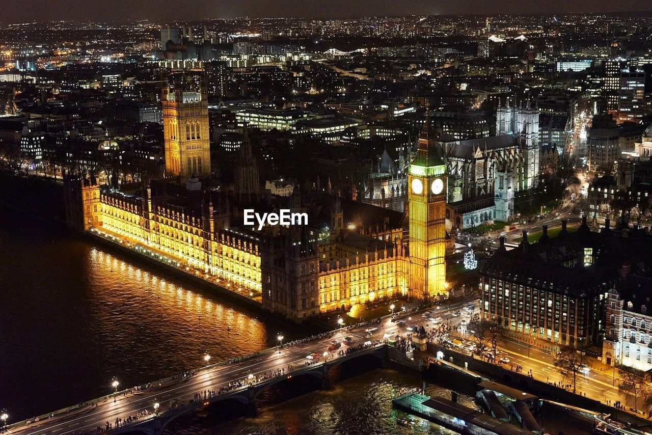 High angle view of illuminated big ben and houses of parliament