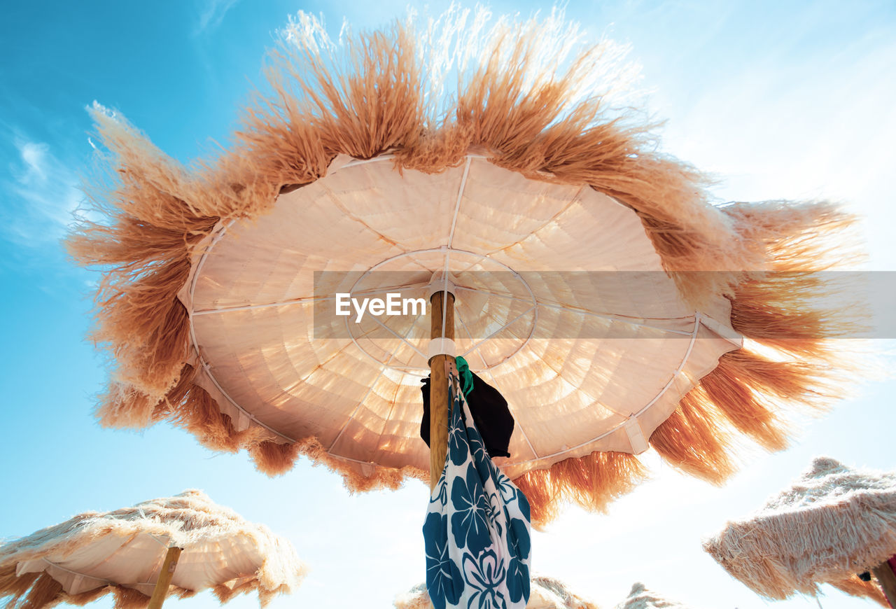 Low angle view of parasols against sky