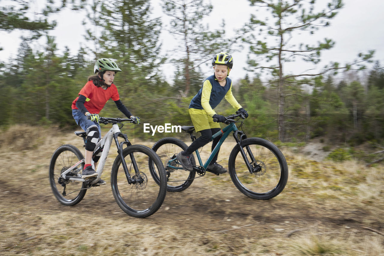 Brothers riding bicycle on dirt road in forest